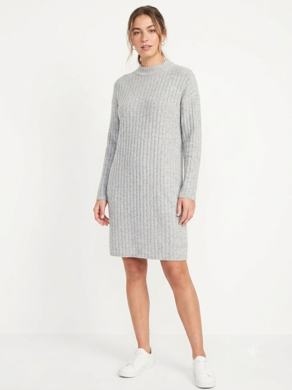 Hilary Radley Light Gray Ribbed Crewneck Sweater Dress